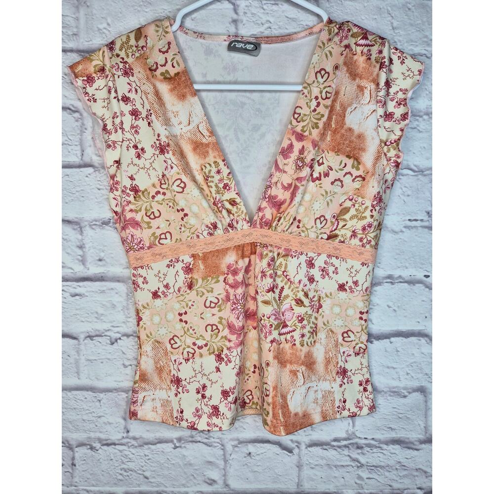 โVintage Rave Y2K Patchwork Floral Plunge Neck Top Pink Boho Whimsigoth Small